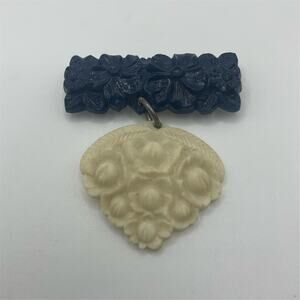 Vintage 1930s Carved Celluloid Floral Brooch Blue and white dangle pin